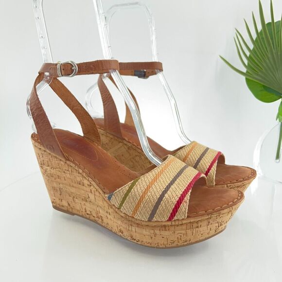 Born Women's Wapita Sandal Size 10 Cork Wedge Platform Ankle Wrap Striped Boho - Picture 1 of 16